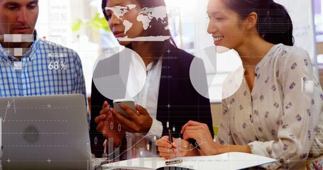 Poster - Animation of statistical data processing over diverse colleagues discussing over a laptop at office