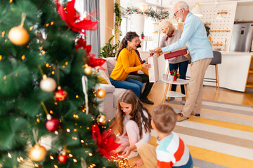 Wall Mural - Multi-generation family exchanging Christmas gifts