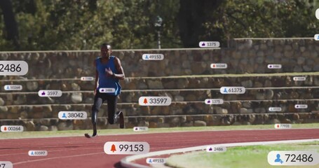 Poster - Animation of notification bars over african american athlete running on race track