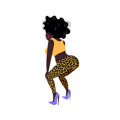 Twerk dance cartoon style girl  for print design. illustration. black woman dancer wearing colorful sportswear twerking