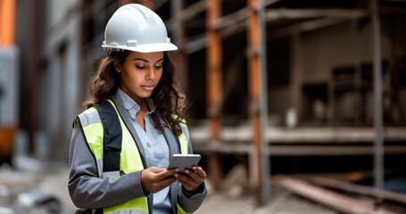 a woman using her phone to check work details in a construction site,