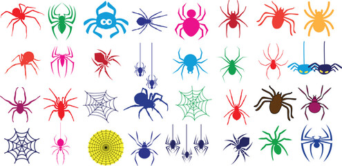 Wall Mural - Spider vector illustration, colorful collection of arachnids. Different types, styles, and colors of spiders, webs. realistic, and abstract designs.for Halloween, nature, or science projects