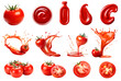Set Tomato food products on transparent background, tomatoes, tomato slice, tomato juice splash, ketchup, sauce for your advertisement