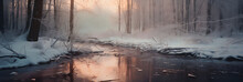 Sunset Reflection On Winter Forest River Panorama