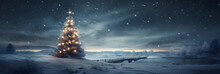 Christmas Tree In Field At Night. Christmas Panoramic Landscape, Cinematic Lighting