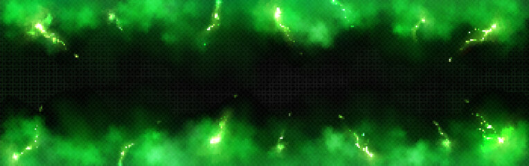 Poster - Lightning strikes in green smoke on transparent background. Vector realistic illustration of abstract cloud of toxic gas, neon electric energy discharges, glowing poisonous air, banner frame design