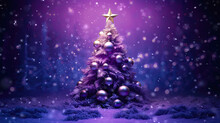 Violet Purple Fantasy Christmas Tree Under Winter Night Snowfall. Postproducted Generative AI Illustration.