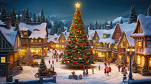 Idyllic Christmas Village With Decorated Tree And People On Small Square. Postproducted Generative AI Illustration.