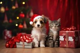 Fototapeta Fototapety ze zwierzętami  - Cute cat and dog puppy with christmas gift boxes on wooden floor, Christmas concept, ai generative
