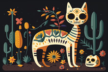 Calavera Cat. Cat Sugar Skull In Floral Ornament. Clip Art For Dia De Los Muertos. Day Of The Dead