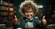 A Toddler In Glasses In Library Holding A Thumbs Up