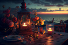 Illustration Of Table With Candles And Romantic Dinner At Beach.