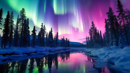 ribbons of northern lights in the snowy north
