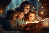 Fototapeta Tulipany - Mother with choldren reading book in bed at night