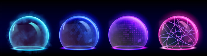 Poster - glow sphere protective shield with different abstract surface textures and transparency effect. real