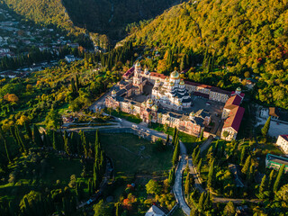 Top view of orthodox monastery in novy afon, abkhazia. christian temple in new athos. photo from above.