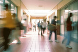 Fototapeta  - Blurred shot of high school students walking up the strs between classes in a busy school building,