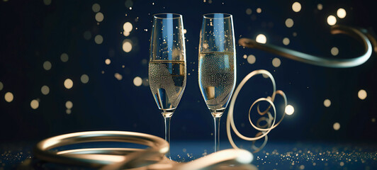 Glass of sparkling wine with festive background.