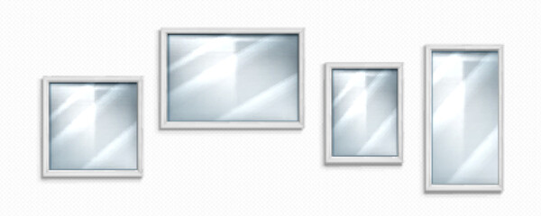 Poster - Glass mirror texture with frame and reflection. 3d realistic clear gloss panel effect for window isolated mockup. Crystal surface reflect light interior board icon set. Silver border illustration