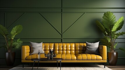 Interior of a living room with a green wall in warm colors and a leather sofa that is positioned behind the kitchen. .