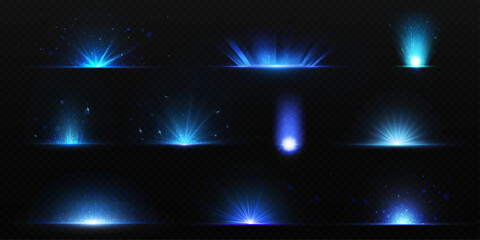 Poster - Blue explosion glow with bright light, rays and dust around flash with transparent effect. Realistic vector illustration set of magic energy glare with beams and sparkles. Star burst with radiance.