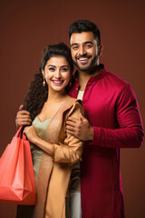 Happy indian young couple posing with shopping bag