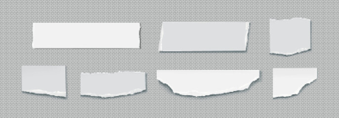 Poster - White torn paper sheet edge note vector texture. Notebook border label isolated shape set. Realistic newspaper page strip design collection. 3d ripped document headline with shadow for message