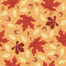 Seamless Pattern With Red And Yellow Autumn Leaves, Acorns And Berries On Orange Background