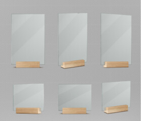 Wall Mural - glass display holder table stand mockup vector. plexiglass flyer for menu or photo banner in restaur