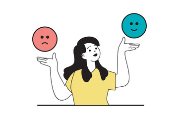 Fototapete - Online survey concept with people scene in flat web design. Woman giving feedback and choosing between positive and negative emoticon. Vector illustration for social media banner, marketing material.