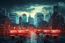  A Futuristic City's Digital Infrastructure Displays Critical Warnings, Illustrating The Vulnerabilities Urban Centers Face In The Digital Age