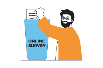 Poster - Online survey concept with people scene in flat web design. Man filling election ballot and putting form in box at polling station. Vector illustration for social media banner, marketing material.
