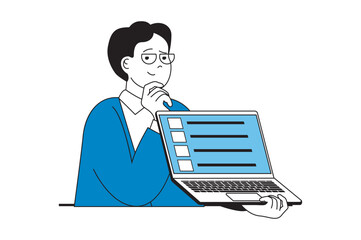 Poster - Online survey concept with people scene in flat web design. Man makes marketing research, doing digital questionnaire form for clients. Vector illustration for social media banner, marketing material.