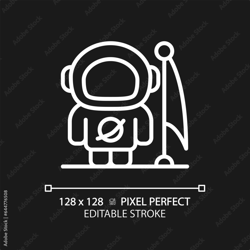 Man on moon pixel perfect white linear icon for dark theme. Lunar ...