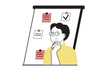 Poster - productivity workplace concept with people scene in flat web design. man creates workflow and develo