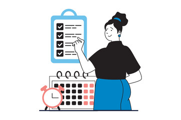 Wall Mural - Productivity workplace concept with people scene in flat web design. Woman manages time with schedule checklist, planning at calendar. Vector illustration for social media banner, marketing material.
