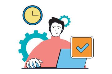 Poster - productivity workplace concept with people scene in flat web design. man planning work time with clo