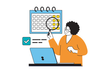 Poster - productivity workplace concept with people scene in flat web design. woman planning work tasks with 
