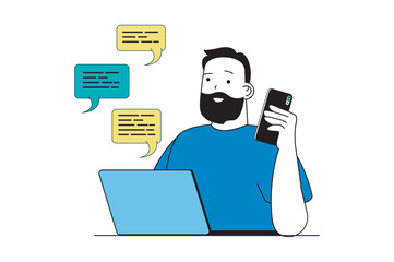Poster - productivity workplace concept with people scene in flat web design. man chatting with clients, mult