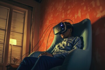 Poster - Boy in a chair in a virtual reality helmet.
