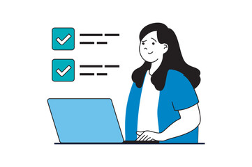 Poster - productivity workplace concept with people scene in flat web design. woman manager doing work tasks 
