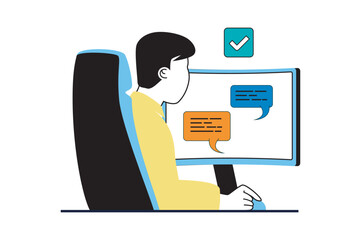 Poster - productivity workplace concept with people scene in flat web design. man chatting with colleagues, d