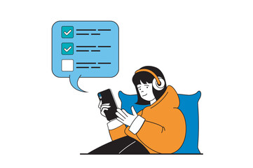 Poster - productivity workplace concept with people scene in flat web design. woman making work tasks and put