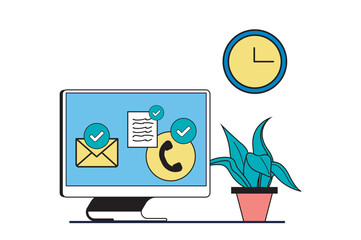Poster - productivity workplace concept with people scene in flat web design. effective multitasking strategy