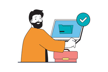 Poster - productivity workplace concept with people scene in flat web design. man working at laptop, doing ta