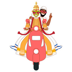 Sticker - Cheering Muslim and Kthakali Dancer Men Riding Together on Scooter.