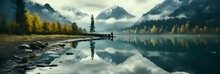 A Tranquil Lake Nestles Amidst A Green Landscape, Surrounded By A Forest Of Trees And Snow-capped Mountains Shrouded In Mist. The Scene Is One Of Serene Beauty, With A Sense Of Mystery And Enchantment