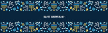 Happy Hanukkah Banner. Flat Vector Illustration. Hanukkah Religion Holiday Background With Holiday Symbols