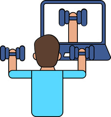 Sticker - Back view of Man weightlifting with dumbbells and Looking at the laptop screen icon.