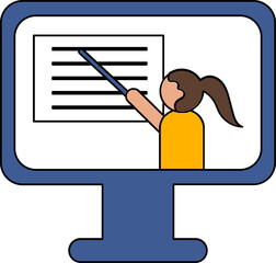 Canvas Print - Cartoon Woman Pointing with Stick in Monitor Screen icon for Online learning or Presentation.